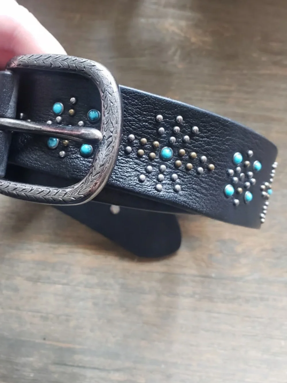 Lucky Brand Women's Black Studded Leather Belt with Turquoise Accents